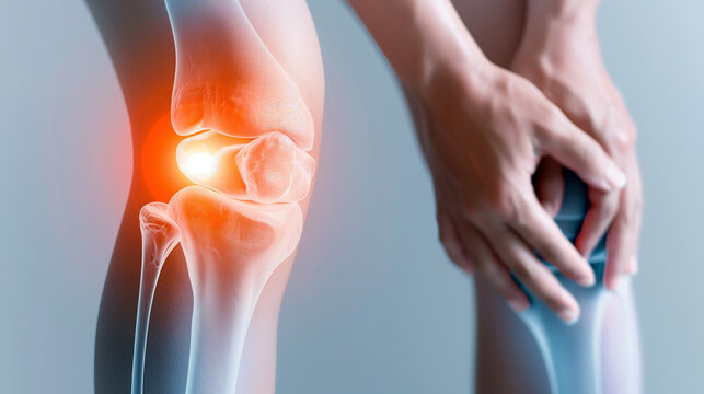 Close-up of a painful knee joint with inflammation and a person holding their knee