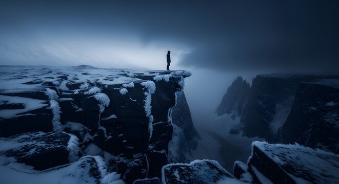 Solitary man stands on snowy cliff edge overlooking vast winter mountain landscape