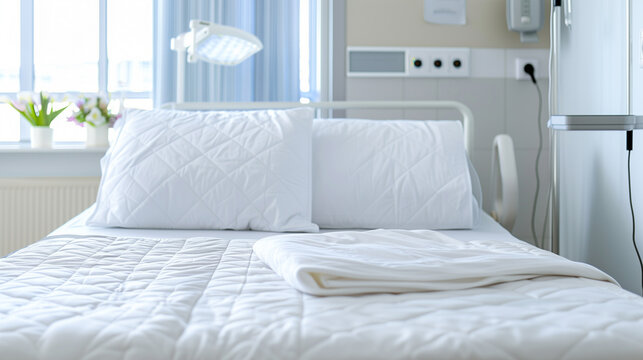 Clean and modern hospital room bed with fresh white linens and pillows