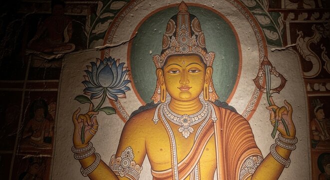 Ancient Buddhist Deity Statue in Sri Lankan Temple.