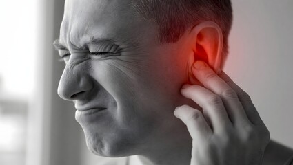 Fototapeta premium Severe earache and symptoms of otitis media. Audiology and ENT medical treatment. Man grimacing in pain while pressing his hand against a glowing red ear