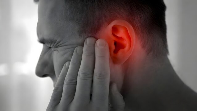 Hearing loss and inner ear infection symptoms. ENT doctor consultation and audiology health. Close up of a man suffering from sharp ear pain with highlighted inflammation