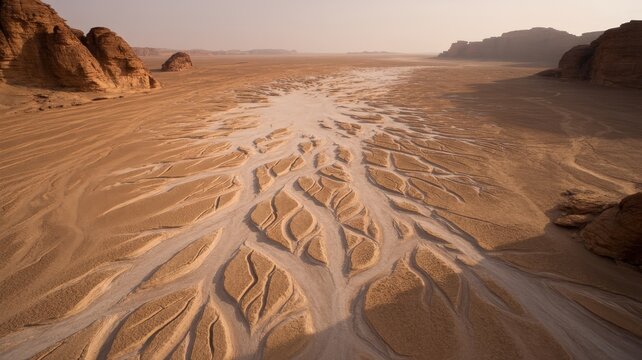 Golden hour light over a dry alluvial fan in a remote desert valley with mountains.