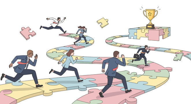 Businessmen running on puzzle pieces.