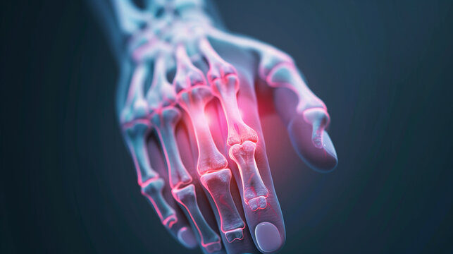 Close-up 3D rendering of painful finger joints with inflammation highlighted in red
