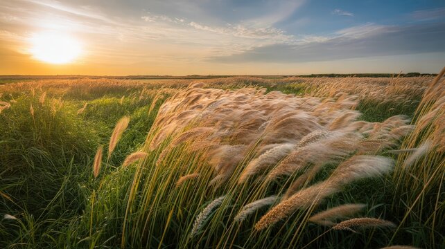 Golden Sunset Over a Field of Feather Grass in the Wind.