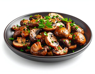 Fototapeta premium Dark ceramic bowl filled with cooked savory sauteed mushrooms garnished with green herbs.