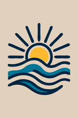 Logotipo agencia de viajes. Vacaciones de verano. Dibujo sencillo con líneas de un sol con olas de mar © teracreonte