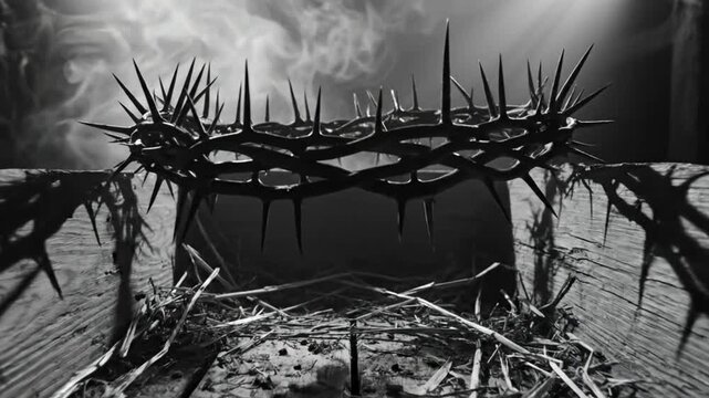 Dramatic slow zoom in on a crown of thorns resting above an empty manger in monochrome