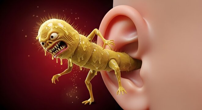 Cartoon germ character and ear infection concept. Bacterial earache and hearing health problems. Giant yellow microbe monster crawling out of a human ear canal