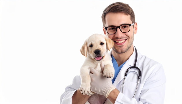 Perro cachorro con un veterinario sonriente en consulta cl&iacute;nica veterinaria, concepto de salud animal, seguro de mascotas y campa&ntilde;a de salud y bienestar animal, con fondo blanco y espacio para copy