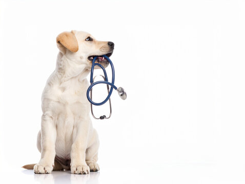 Un perro cachorro labrador jugando con un estetoscopio, concepto de salud animal, cuidado m&eacute;dico, seguro de mascotas y campa&ntilde;a de salud animal