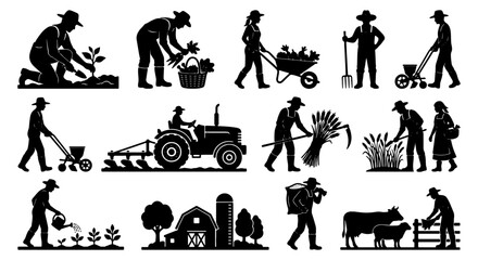 Black farming silhouettes set, agricultural workers and tractor icons, rural farm life vector elements for organic food branding © Zubaraj
