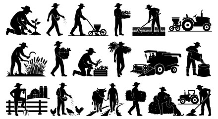 Farming silhouette icons set, agricultural workers and farm machinery vector collection, black silhouettes of farmers planting and harvesting crops © Zubaraj
