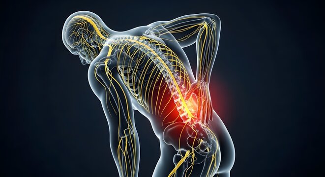 Sciatica nerve pain and spinal cord anatomy. Neurology and orthopedic health problems. 3D skeleton silhouette showing the human nervous system with red glowing lower back pain