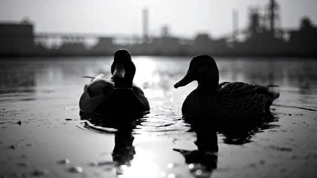 Black and white shot of two ducks swimming in a calm lake with industrial structures in the background, a moody composition.