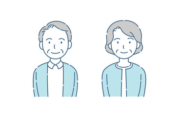 Fototapeta premium シニア夫婦のやさしい笑顔のシンプルイラスト ブルーグレー配色