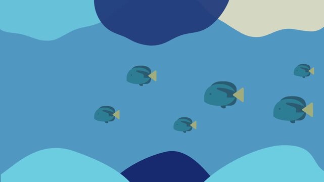 Cartoon illustration of blue fish swimming in an abstract underwater scene with varying shades of blue.