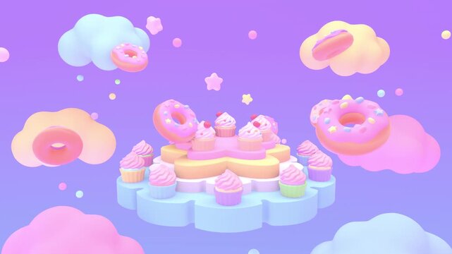 Cute floating stage with cupcakes, surrounded by donuts, stars, and clouds in the sky animation. (loop)