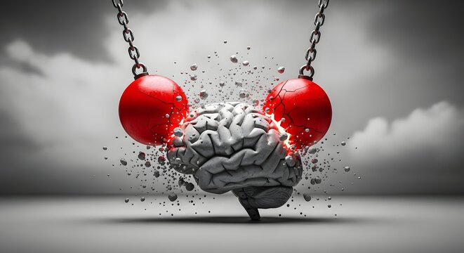 Intense headache and chronic migraine pressure. Brain trauma and neurological stress. Large red weights crushing a human brain on a gray background