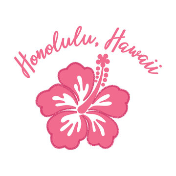 A pink tropical hibiscus flower vector with an embroidery-style border. Features "Honolulu, Hawaii" script typography, ideal for souvenir t-shirts and travel apparel.