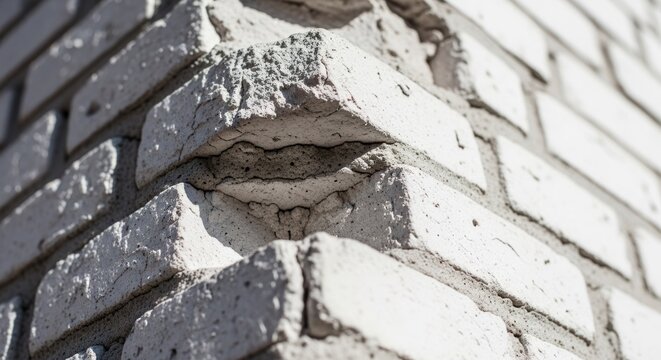 Damaged brick corner showing spalling and deterioration closeup.