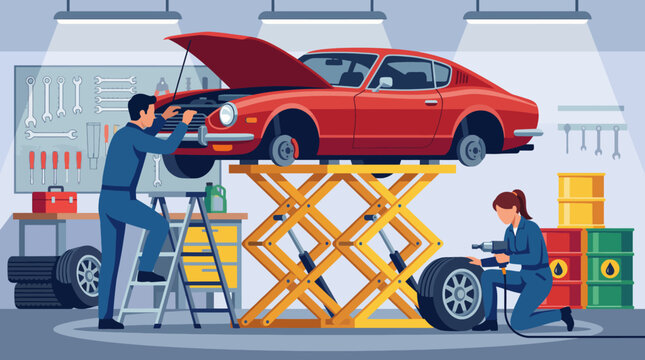 Two mechanics diligently service and repair a classic vintage car in a garage, highlighting their skills, tools, and teamwork in automotive restoration and maintenance.