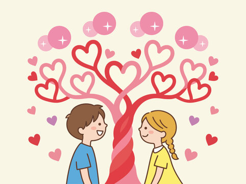 Two smiling children stand under a colorful heart tree, symbolizing love and friendship, radiating joy and happiness in a cheerful setting full of vibrant colors.