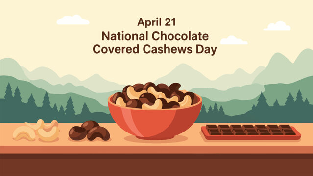 National Chocolate Covered Cashews Day April 21 Sweet Snack Illustration Roasted Cashew Nuts Coated in Chocolate Dessert Bowl and Chocolate Bar Flat Design Food Holiday Concept