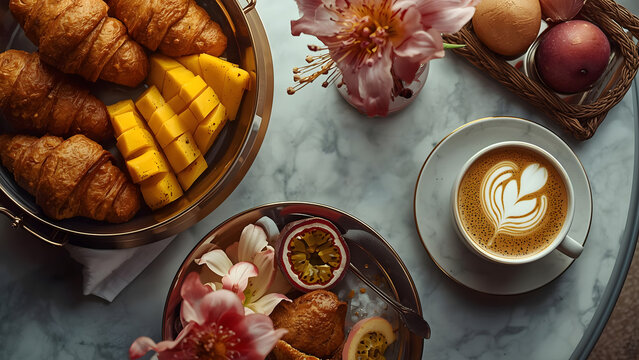 Gourmet Breakfast Spread: Croissants, Fruit, Coffee Latte Art and Pastries