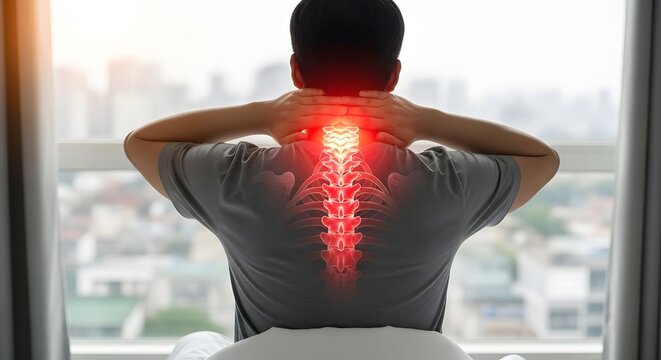 Upper back and neck tension from poor posture. Chiropractic and spinal health concept. Man sitting by a window holding the back of his head with highlighted spine
