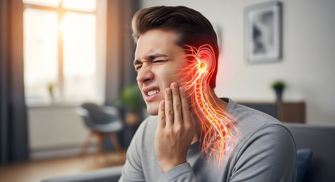 Jaw pain and toothache with nerve inflammation. Dental health and trigeminal neuralgia concept. Young man touching his face while a glowing nerve path is shown