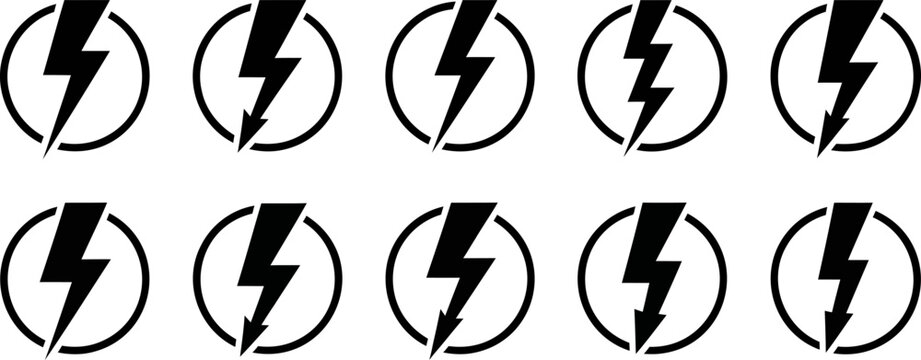 A graphic compilation of ten identical black lightning bolt symbols, each enclosed in a circle. These icons represent energy, electricity, and power, suitable for use in digital media, presentations, 
