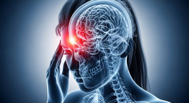 Sinusitis and frontal headache pressure. Radiology and brain anatomy concept. Female profile showing transparent skull with glowing pain in the forehead and sinus area