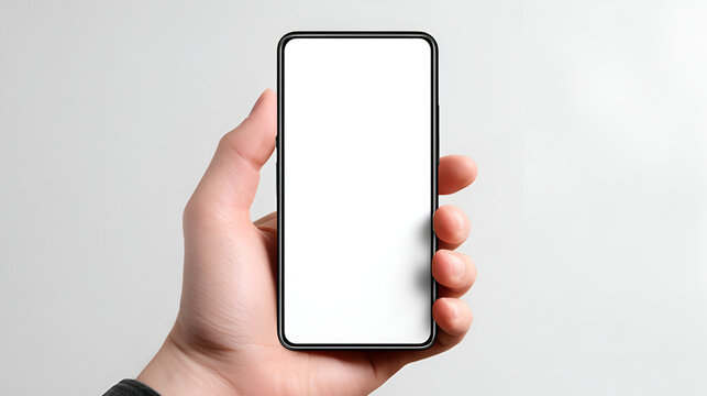 Isolated hand holding smartphone with blank white screen mockup for app presentation