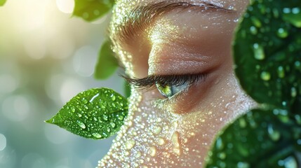 Beauty sunrise reflection on a dewy face, symbolizing freshness and rejuvenation.