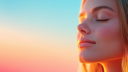 Beauty glowing skin enhanced by sunrise light, creating a fresh and radiant morning look.