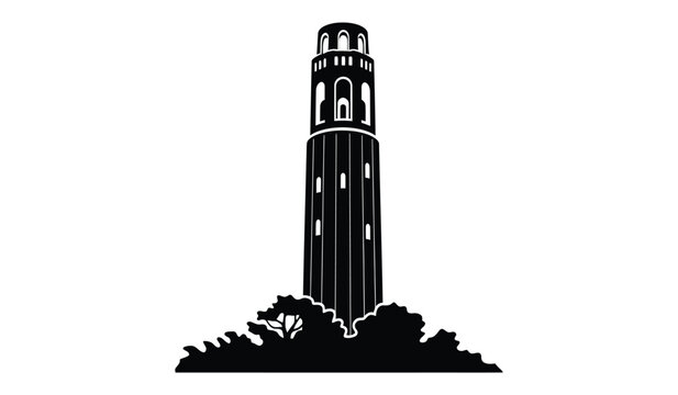 A striking black and white illustration depicts sather tower at the university of california berkeley standing prominently against a white backdrop high quality professional