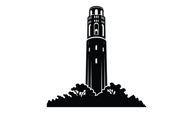 A striking black and white illustration depicts sather tower at the university of california berkeley framed by lush greenery high quality professional detailed modern