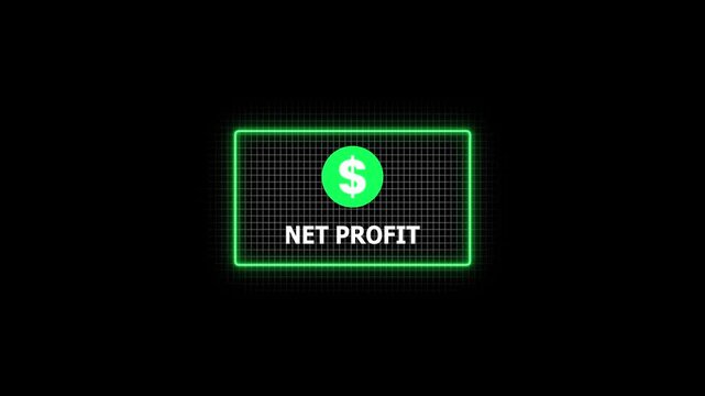 Animated monetary profit concept featuring green rectangular frame with dollar sign and net profit text on dark background