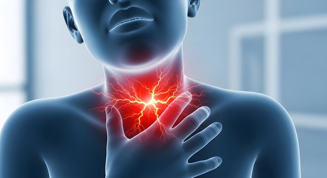 Sore throat inflammation and thyroid gland discomfort. Respiratory infection and laryngitis concept. Person touching neck with glowing electric pain lines and irritation