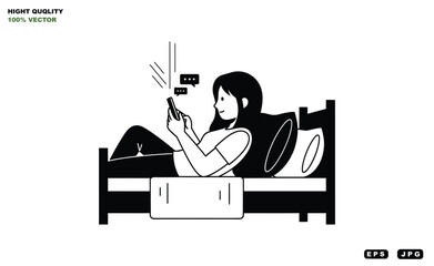 Fototapeta premium A woman lies in bed and uses her smartphone with a laptop at her feet.