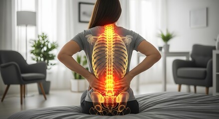 Lumbar spine pain and lower back muscle tension. Sciatica relief and orthopedic physical therapy. Woman sitting on bed holding her lower back with glowing skeleton overlay