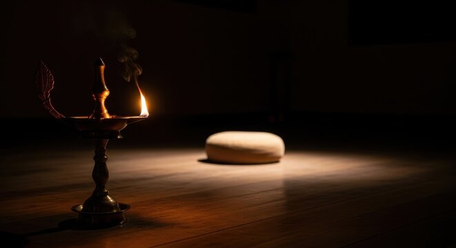 Antique oil lamp illuminating a single piece of unleavened bread on a wooden table.