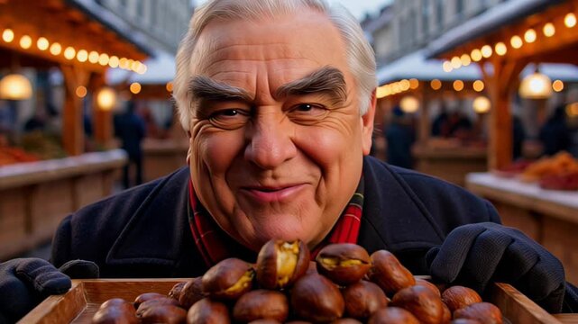 Grandpa with thick eyebrows making a playful exaggerated sniffing face over roasted chestnuts, winter market lighting, shallow focus, festive atmosphere.
