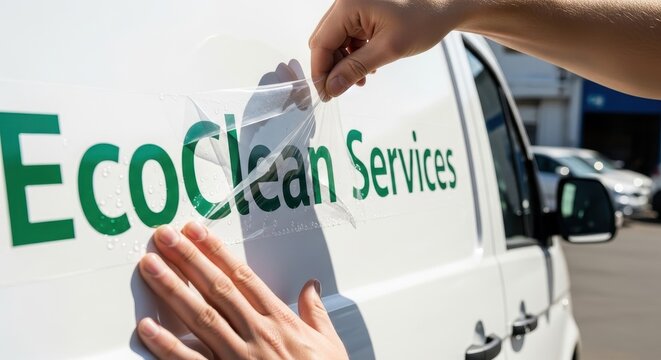 Applying EcoClean Services Decal to a White Van.
