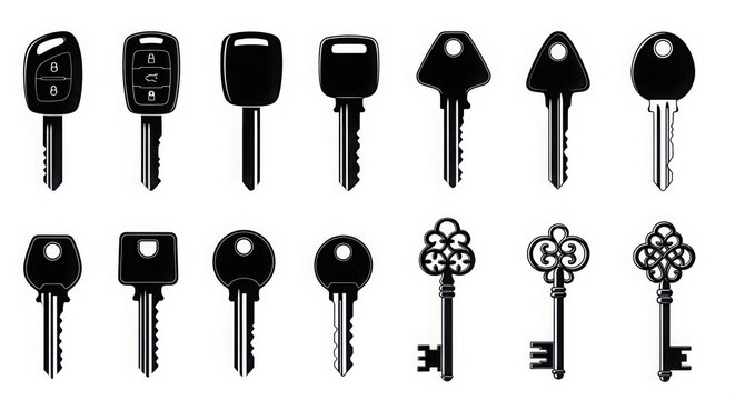 collection of old and new keys on white background