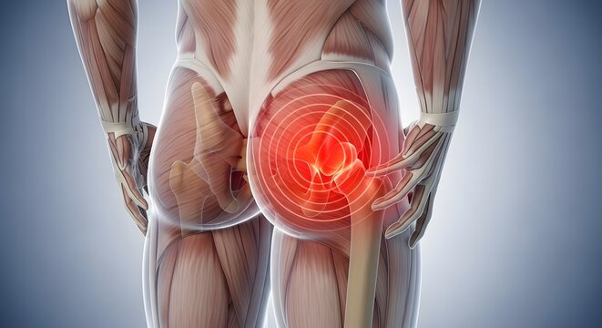 Sciatica and hip joint inflammation. Orthopedic anatomy and muscle study. Rear view of human muscular anatomy showing a glowing red circular pain effect on the hip and gluteal area