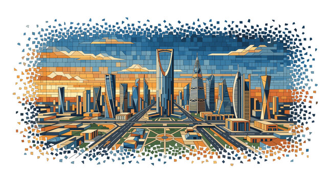 A vibrant, pixelated illustration of the modern King Abdullah Financial District in Riyadh, Saudi Arabia, at sunset.
