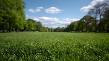 Fototapeta premium A low angle view of lush green grass in a park with trees and blue sky in the background